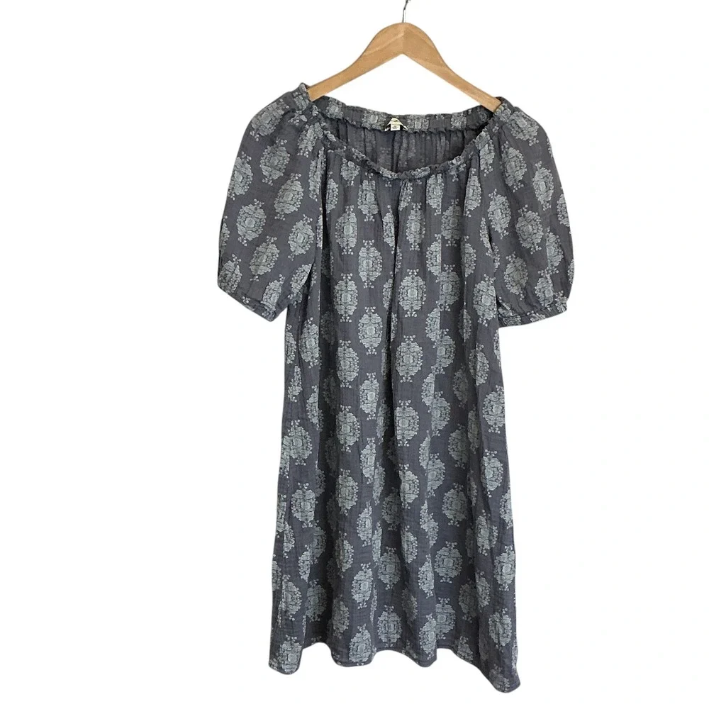 Wonderly Womens Blue‎ Medallion Cotton Gauze Peasant Mini Dress  M Puff Sleeve